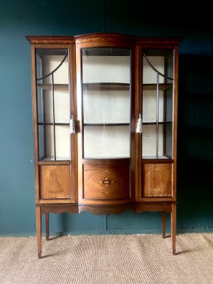 Antique Edwardian China Cabinet Bow Front Glazed Display Cupboard Ornate Inlay