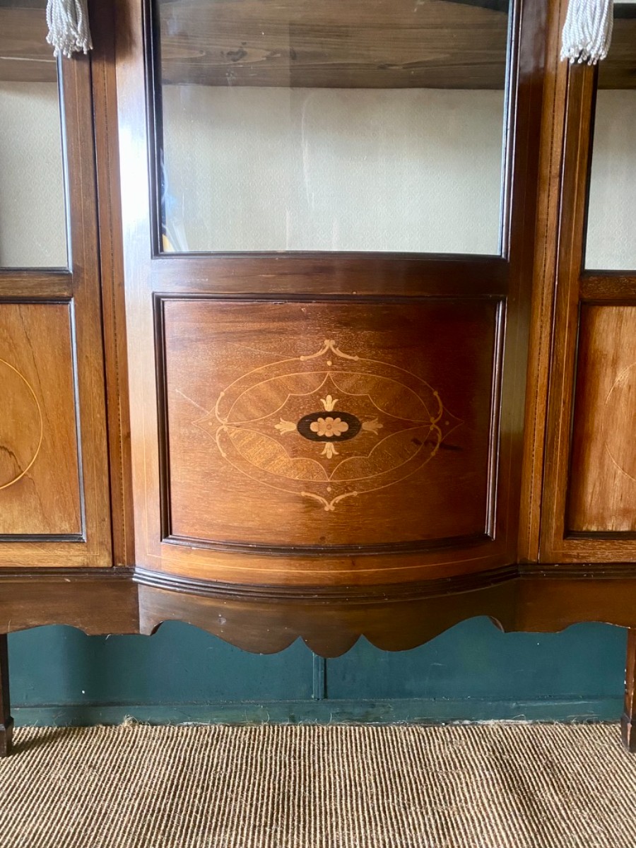 Antique Edwardian China Cabinet Bow Front Glazed Display Cupboard Ornate Inlay