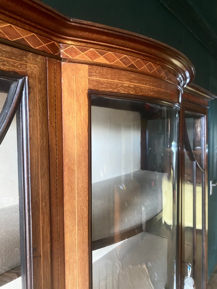 Antique Edwardian China Cabinet Bow Front Glazed Display Cupboard Ornate Inlay