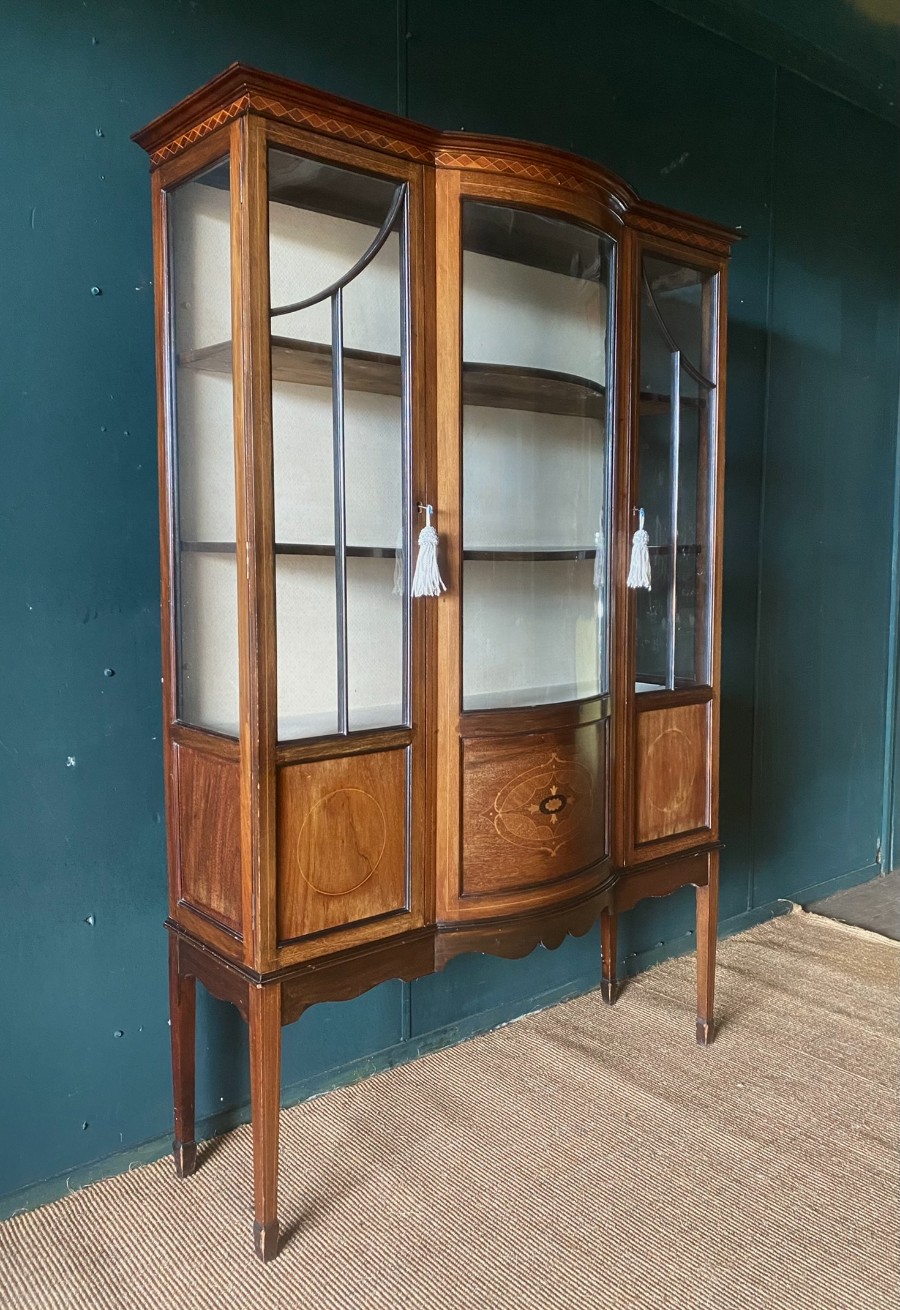 Antique Edwardian China Cabinet Bow Front Glazed Display Cupboard Ornate Inlay
