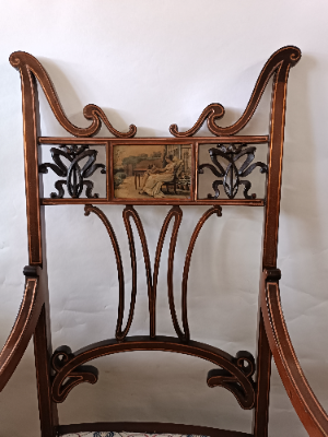 Discover our rare Jugendstil mahogany chair, boasting 19-20th century design and inlaid detail. Feel history with our period fabric upholstery. Shop now!