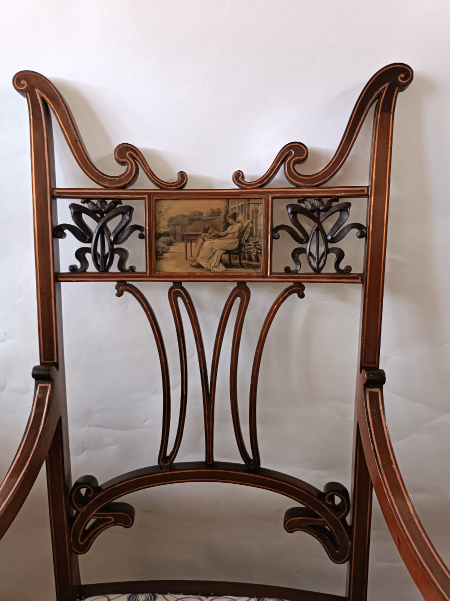 Discover our rare Jugendstil mahogany chair, boasting 19-20th century design and inlaid detail. Feel history with our period fabric upholstery. Shop now!