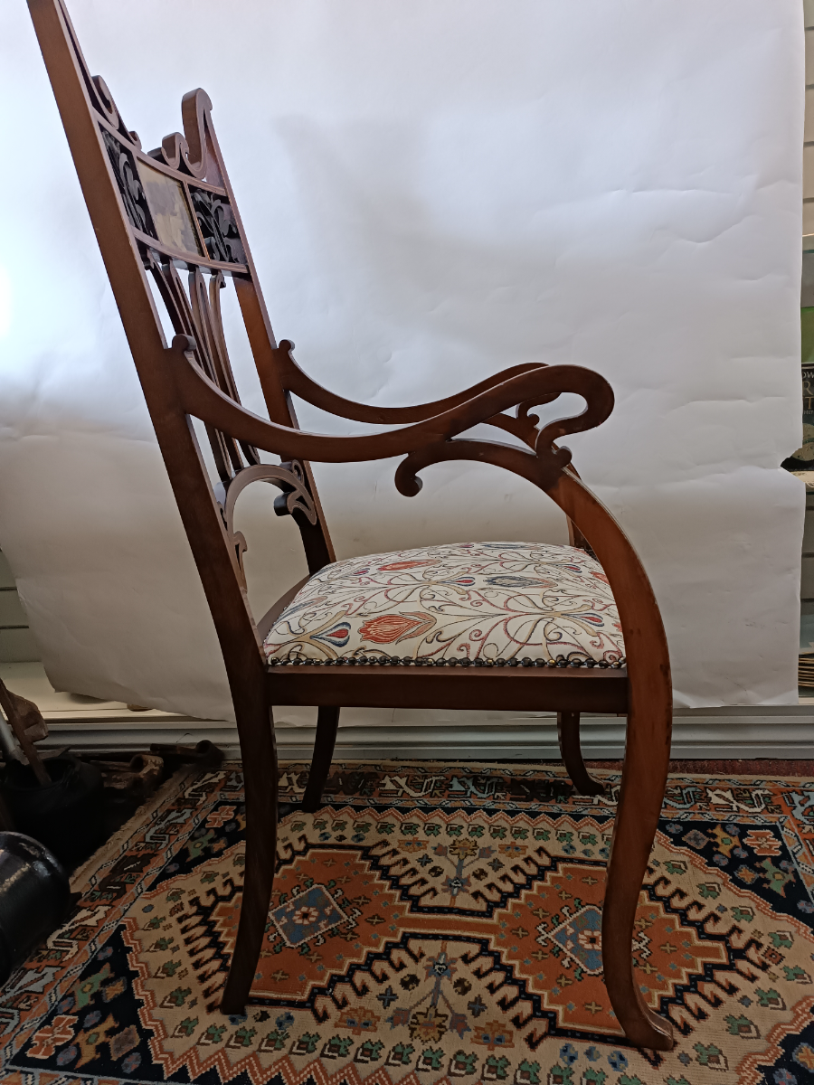 Discover our rare Jugendstil mahogany chair, boasting 19-20th century design and inlaid detail. Feel history with our period fabric upholstery. Shop now!