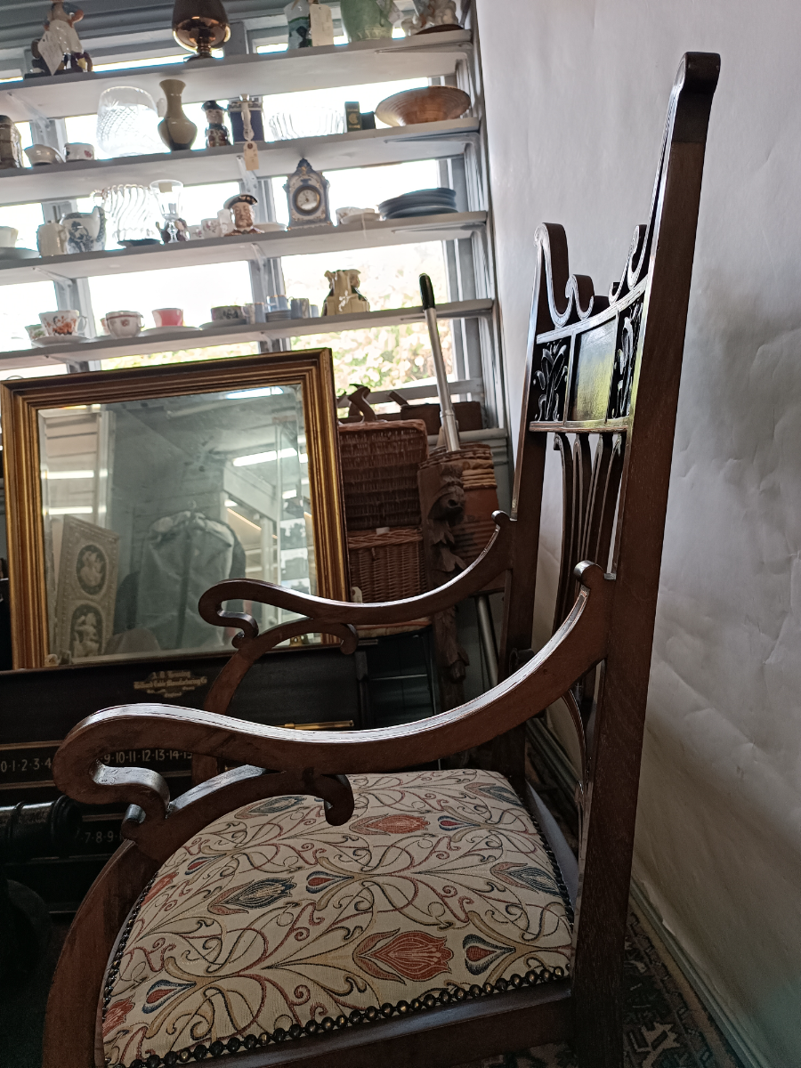 Discover our rare Jugendstil mahogany chair, boasting 19-20th century design and inlaid detail. Feel history with our period fabric upholstery. Shop now!