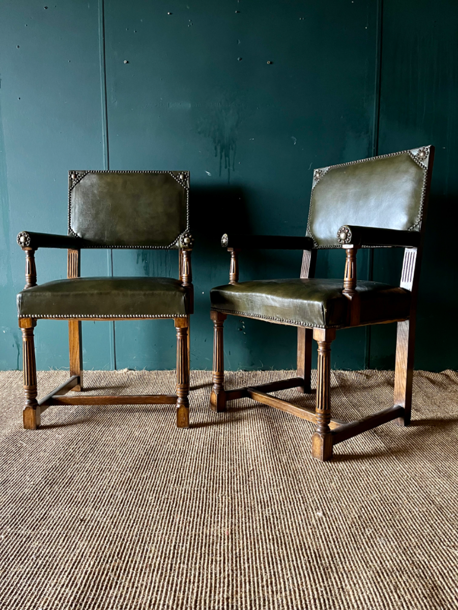 Antique Style Vintage Green Leather Library Office Elbow Desk Chair *2 Available