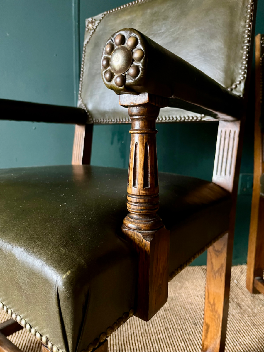 Antique Style Vintage Green Leather Library Office Elbow Desk Chair *2 Available