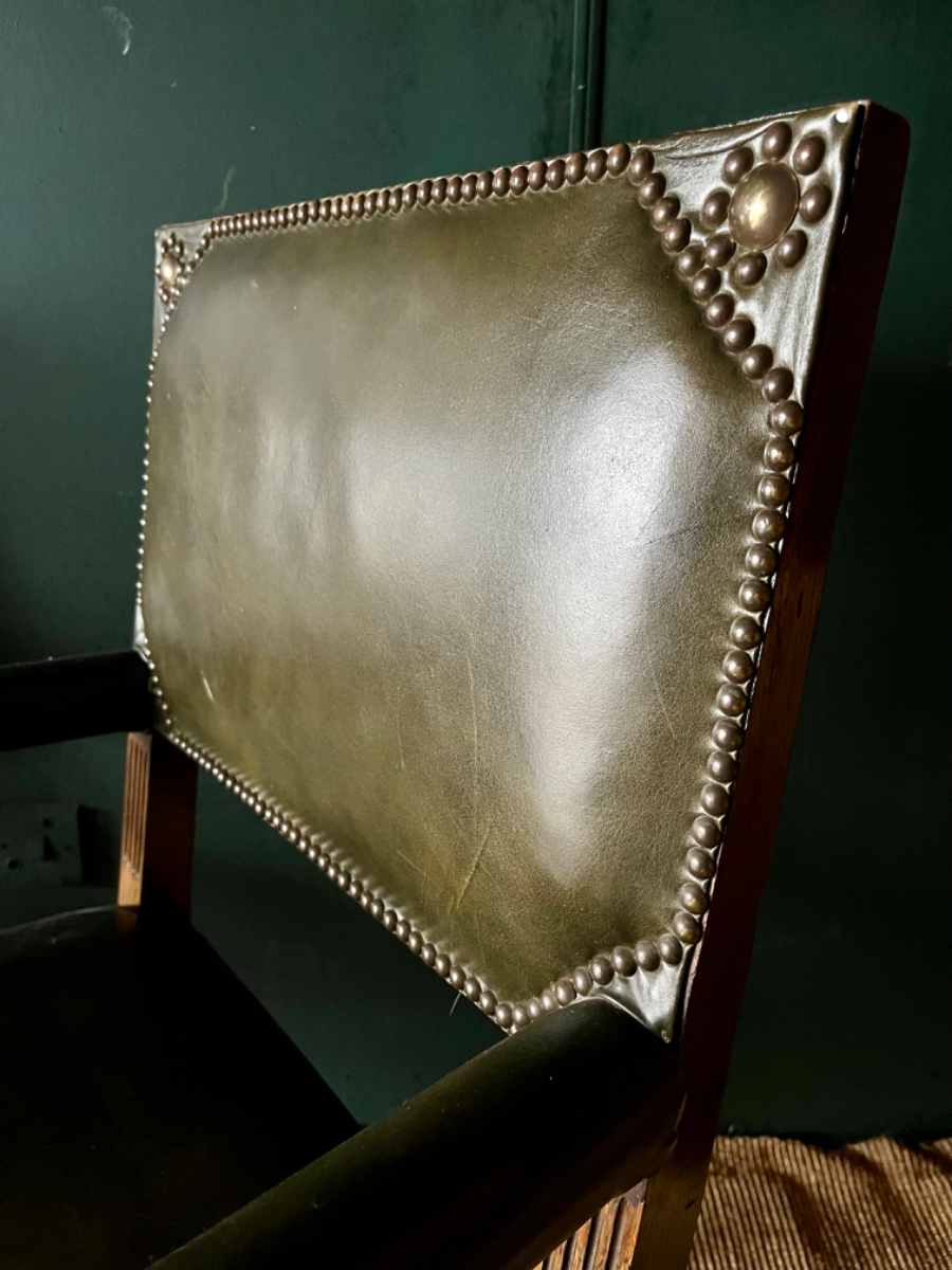 Antique Style Vintage Green Leather Library Office Elbow Desk Chair *2 Available