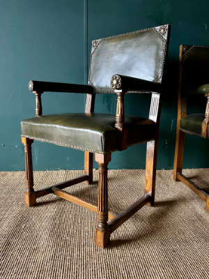 Antique Style Vintage Green Leather Library Office Elbow Desk Chair *2 Available