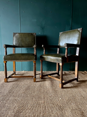 Antique Style Vintage Green Leather Library Office Elbow Desk Chair *2 Available