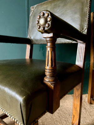 Antique Style Vintage Green Leather Library Office Elbow Desk Chair *2 Available