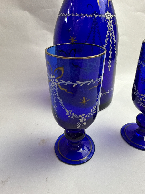 Bohemian Blue Blue Glass Decanter and Drinking Glasses