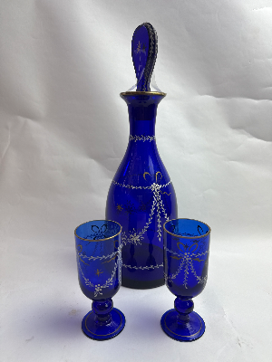 Bohemian Blue Blue Glass Decanter and Drinking Glasses