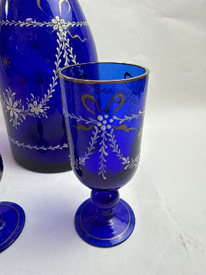 Bohemian Blue Blue Glass Decanter and Drinking Glasses