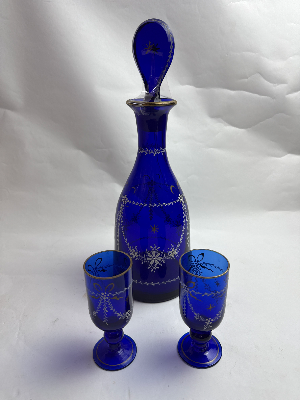 Bohemian Blue Blue Glass Decanter and Drinking Glasses
