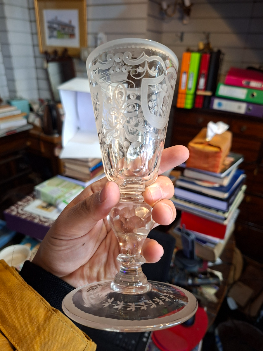 Discover our rare 1740 Bohemian/Dutch baluster stem lead glass goblet. Perfect for antique collectors, with 8.5cm base width and 17cm height. Shop now!