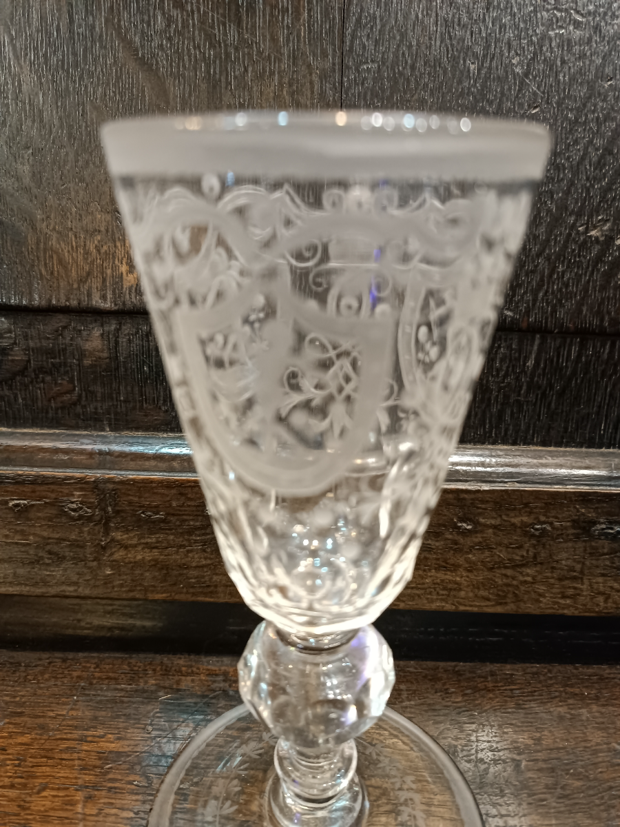 Discover our rare 1740 Bohemian/Dutch baluster stem lead glass goblet. Perfect for antique collectors, with 8.5cm base width and 17cm height. Shop now!