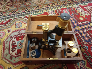 Discover our late 19th-century brass microscope with a mahogany box and multiple lenses. Supplied by Clarksons, it's a collector's gem. Shop now!