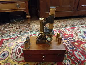 Discover our late 19th-century brass microscope with a mahogany box and multiple lenses. Supplied by Clarksons, it's a collector's gem. Shop now!