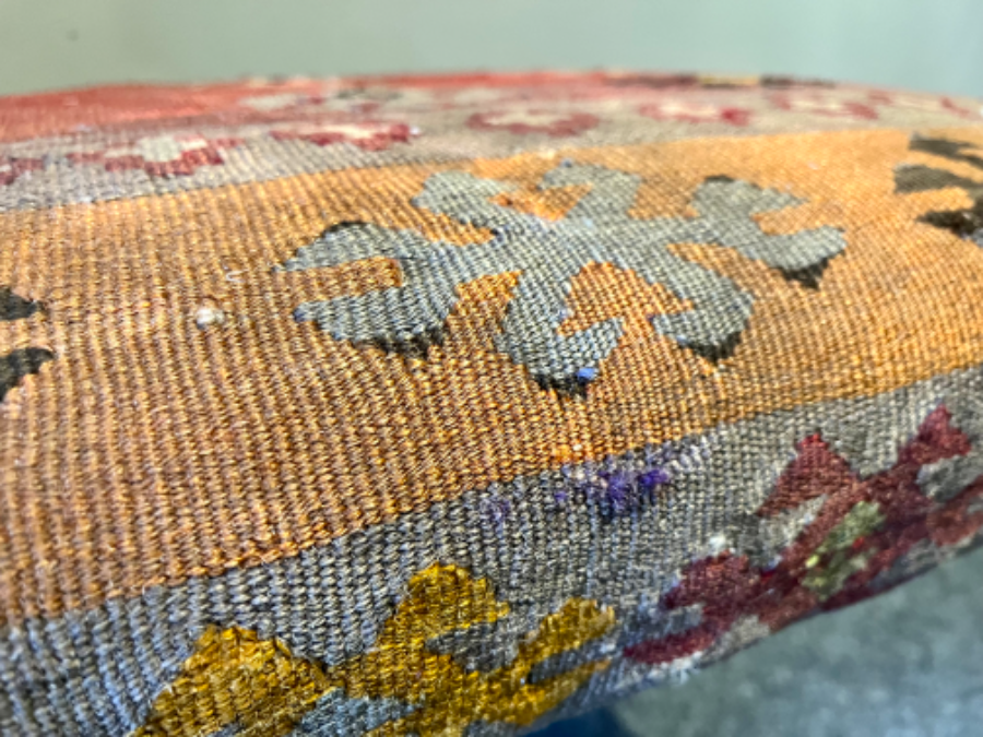 Carved Cabriole Leg Georgian Walnut Stool With Antique Kilim Wool Rug Upholstery