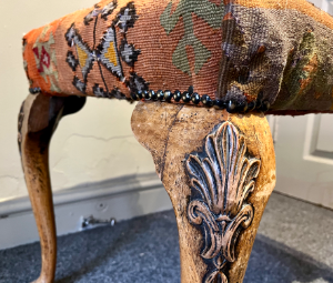Carved Cabriole Leg Georgian Walnut Stool With Antique Kilim Wool Rug Upholstery