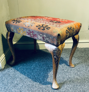 Carved Cabriole Leg Georgian Walnut Stool With Antique Kilim Wool Rug Upholstery