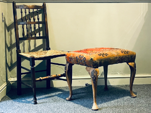 Carved Cabriole Leg Georgian Walnut Stool With Antique Kilim Wool Rug Upholstery