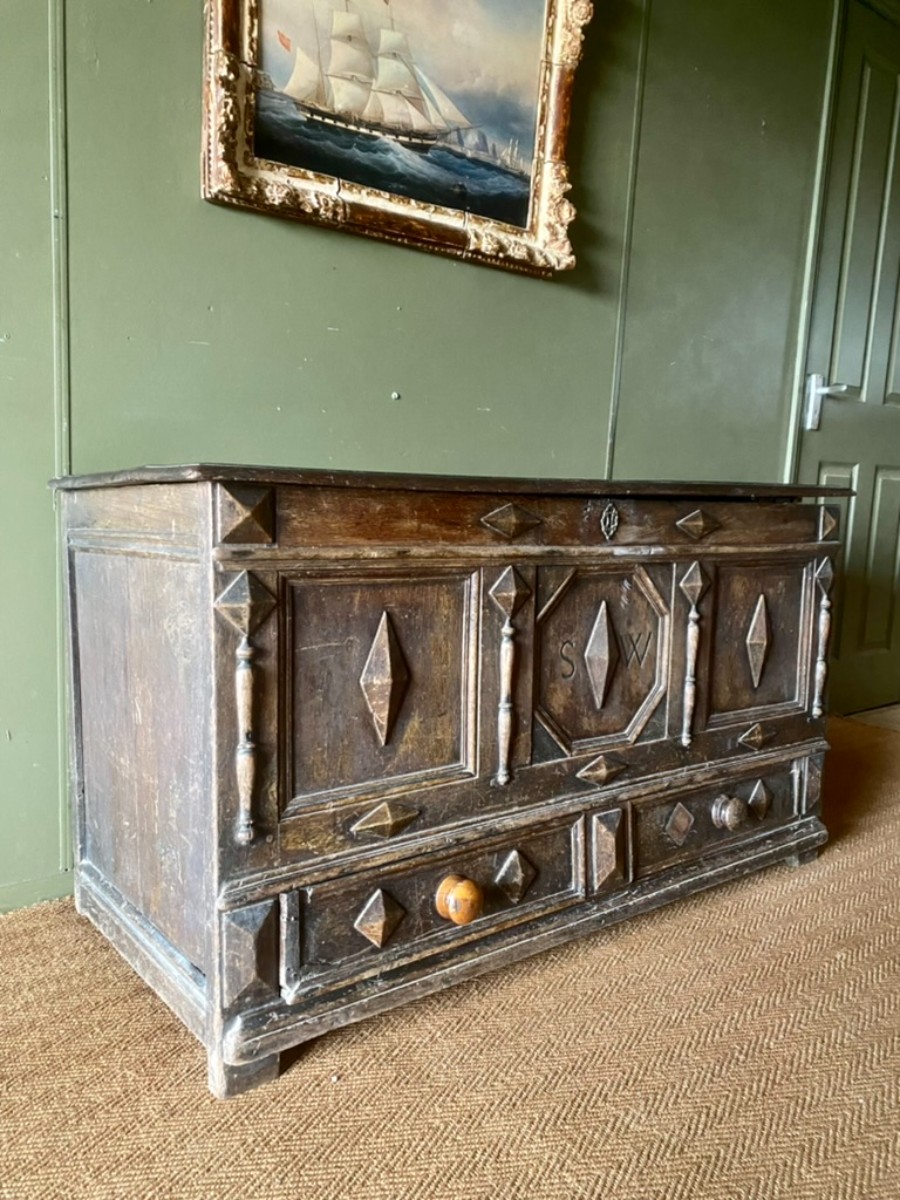 Characterful Antique Solid Oak Panelled Wedding Dowery Coffer Large Mule Chest
