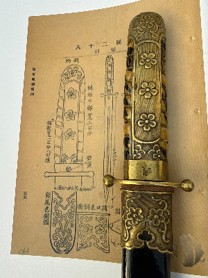 For sale is a rare “Plum Blossom Sword”, a pattern prescribed for Chinese Nationalist Army officers under the 1936 uniform regulations. The sword takes its name from the three plum blossoms decorating its handle. Most surviving examples are in poor condition.

In January 1936, the National Government introduced uniform regulations establishing a standard pattern for army officers’ swords. The commemorative swords presented in June 1936 to graduates of the Tenth First Corps of the Central Army Officer Academy followed this pattern.

During his rule, Chiang Kai-shek was known for presenting quality swords to dignitaries and commanding officers. He also introduced uniform regulations for officers, to which this example conforms.

Although comparable in size to a knife, this weapon is classified as a short sword under Chinese Army regulations. No provenance.

**Condition:**  
In excellent overall condition, retaining the original finish on the scabbard, with very light pitting to the blade, as shown in the photographs.

**Reference:**  
*Chinese Nationalist Officers’ Daggers in World War II: 80th Anniversary of Victory in the War of Resistance Against Japan and the Retrocession of Taiwan*, published in 2026. This publication is currently available only in Mandarin Chinese; no English edition is available.

现出售一把罕见的“梅花剑”，其制式依据1936年国民革命军军官服制规定。此剑因剑柄上的三朵梅花装饰而得名，现存实物大多品相欠佳。

1936年1月，国民政府颁布服制条例，确立了陆军军官佩剑的标准制式。同年6月，中央陆军军官学校第十期第一总队毕业生获颁的毕业纪念剑，亦采用了这一制式。

蒋介石主政期间，常将精制佩剑赠予政要及高级军官。他还推行了统一的军官服制规定，本件藏品即符合该制式。

虽然尺寸与匕首相近，但根据当时中国陆军的相关规定，此类兵器被归类为短剑。

**品相：**  
整体品相极佳，剑鞘保留原有表面处理，剑身仅有轻微麻点状锈蚀，具体情况如照片所示。

**参考文献：**  
《第二次世界大战中的中国国民革命军军官短剑：抗日战争胜利暨台湾光复80周年纪念》（书名暂译），2026年出版。该书目前仅有中文版，尚无英文版。