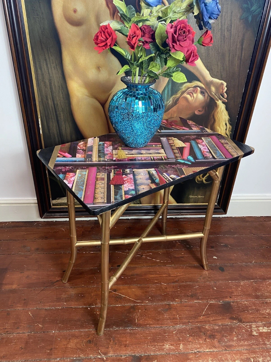 Contemporary Library Montage Hall Table With Bamboo X Frame Stretcher