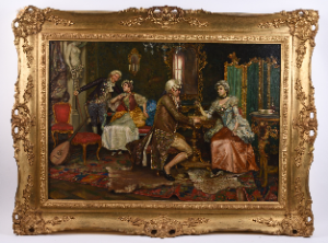 Discover exquisite 19th-20th century Continental School art! View enchanting interior scenes of couples playing chess in 18th-century Parisian attire. Shop now, own a piece of history!