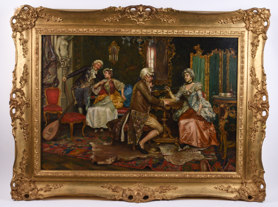 Discover exquisite 19th-20th century Continental School art! View enchanting interior scenes of couples playing chess in 18th-century Parisian attire. Shop now, own a piece of history!