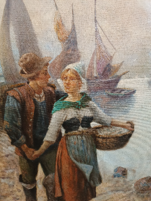 "Courting At The Harbour", oil on canvas painting, unframed, signed lower left by Baumgartner Adolf, an Austrian Russian  and Bulgarian military artist(1850-1924).  The painting was restored on left corner.
Size 50 x 82 cms.