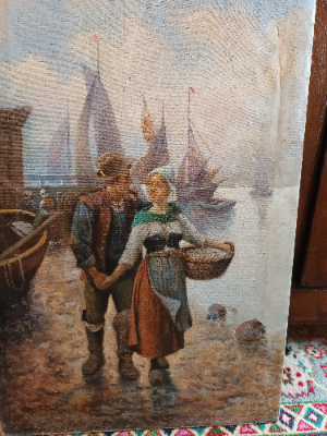 "Courting At The Harbour", oil on canvas painting, unframed, signed lower left by Baumgartner Adolf, an Austrian Russian  and Bulgarian military artist(1850-1924).  The painting was restored on left corner.
Size 50 x 82 cms.
