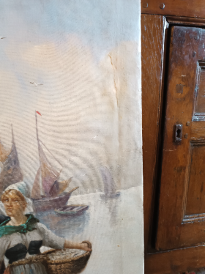 "Courting At The Harbour", oil on canvas painting, unframed, signed lower left by Baumgartner Adolf, an Austrian Russian  and Bulgarian military artist(1850-1924).  The painting was restored on left corner.
Size 50 x 82 cms.
