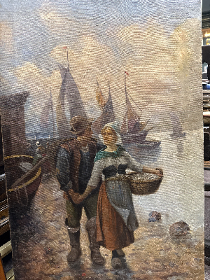 "Courting At The Harbour", oil on canvas painting, unframed, signed lower left by Baumgartner Adolf, an Austrian Russian  and Bulgarian military artist(1850-1924).  The painting was restored on left corner.
Size 50 x 82 cms.