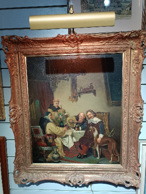 Discover our collection of late 19-20th c. Dutch school oil on canvas art. Explore "At The Abbot Table" scene now. In great condition and framed in gold. Shop now!
