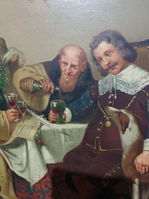 Discover our collection of late 19-20th c. Dutch school oil on canvas art. Explore "At The Abbot Table" scene now. In great condition and framed in gold. Shop now!