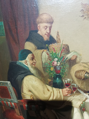 Discover our collection of late 19-20th c. Dutch school oil on canvas art. Explore "At The Abbot Table" scene now. In great condition and framed in gold. Shop now!