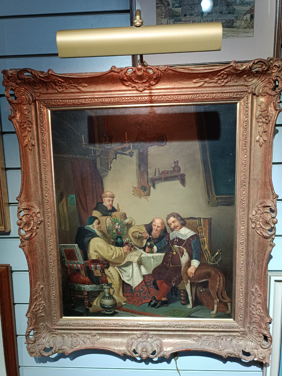 Discover our collection of late 19-20th c. Dutch school oil on canvas art. Explore "At The Abbot Table" scene now. In great condition and framed in gold. Shop now!