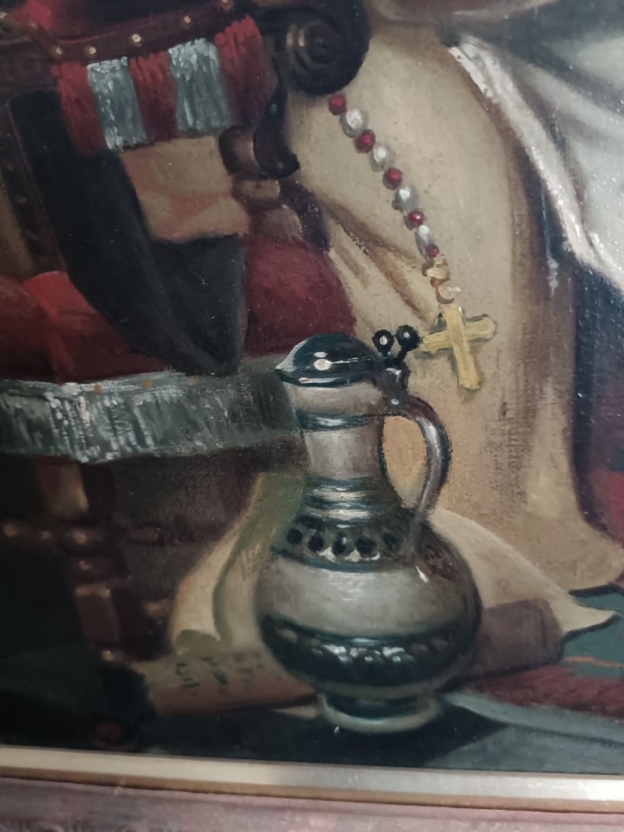 Discover our collection of late 19-20th c. Dutch school oil on canvas art. Explore "At The Abbot Table" scene now. In great condition and framed in gold. Shop now!