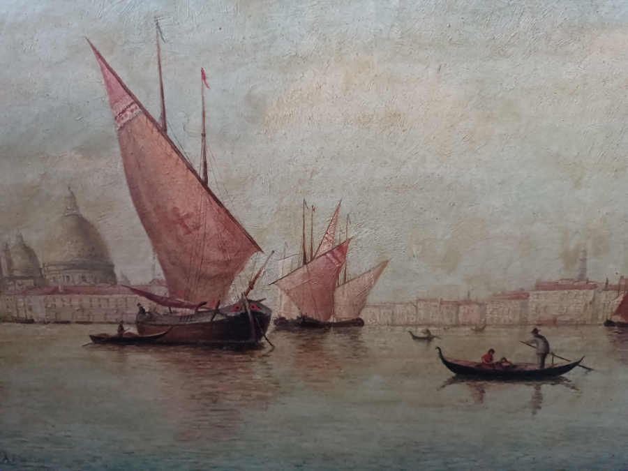 Discover our collection of early 20th century oil paintings. This Venetian canal scene features boats, gondolas, and Santa Maria della Salute. Buy now!