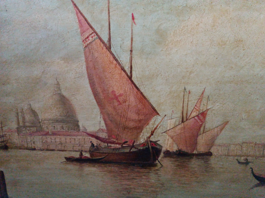 Discover our collection of early 20th century oil paintings. This Venetian canal scene features boats, gondolas, and Santa Maria della Salute. Buy now!