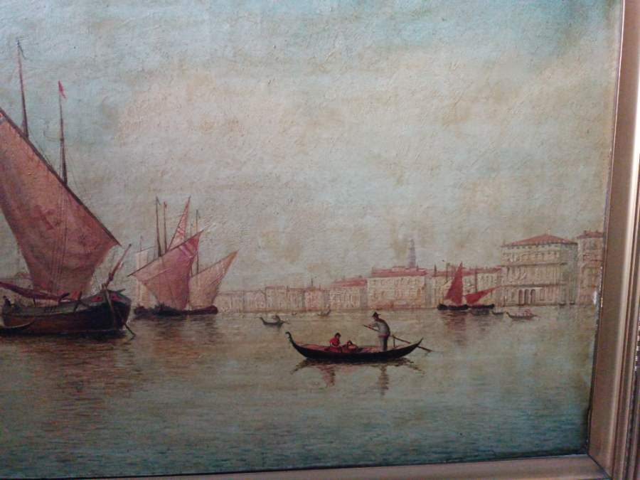 Discover our collection of early 20th century oil paintings. This Venetian canal scene features boats, gondolas, and Santa Maria della Salute. Buy now!