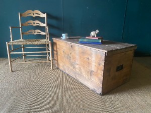 Early Rustic Pine Victorian Linen Chest Storage Trunk Metal Handles + Candle Box
