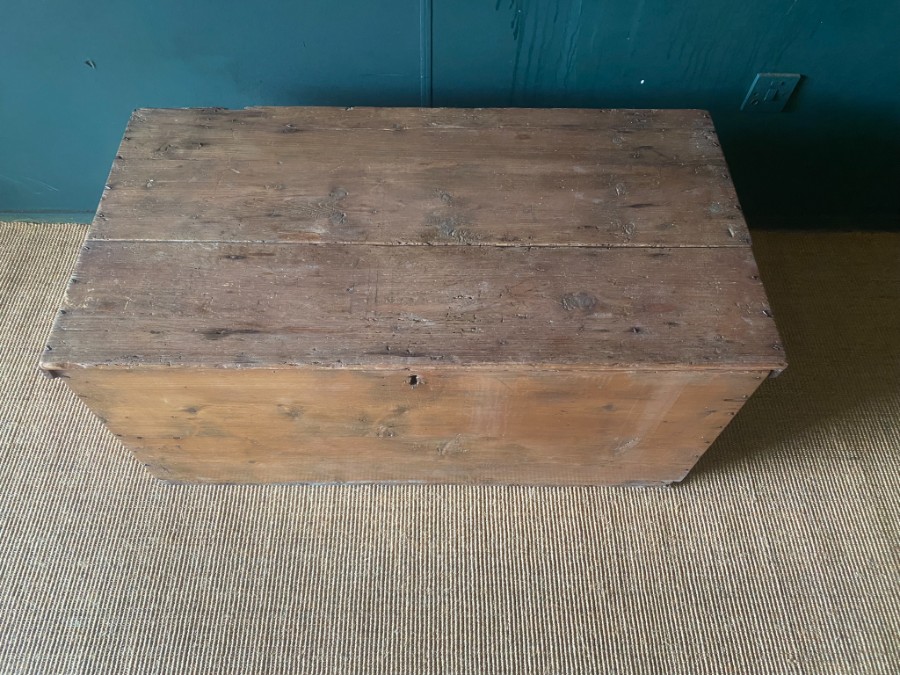 Early Rustic Pine Victorian Linen Chest Storage Trunk Metal Handles + Candle Box