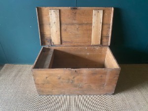 Early Rustic Pine Victorian Linen Chest Storage Trunk Metal Handles + Candle Box