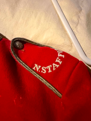 A lovely and rare example of a post-1901 North Staffordshire Regimental Sergeant Majors tunic. It is believed that the ribbons were added later. No name is available.