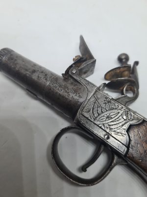 Discover our collection of antique firearms, featuring the English Flintlock Boxlock Pocket Pistol by Mabson and Labron, Birmingham Proofs, Circa 1808-1822. Buy now!