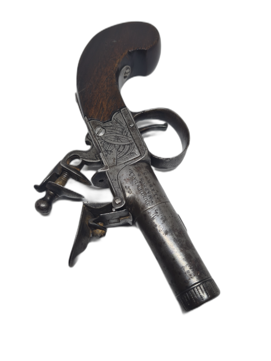 Discover our collection of antique firearms, featuring the English Flintlock Boxlock Pocket Pistol by Mabson and Labron, Birmingham Proofs, Circa 1808-1822. Buy now!