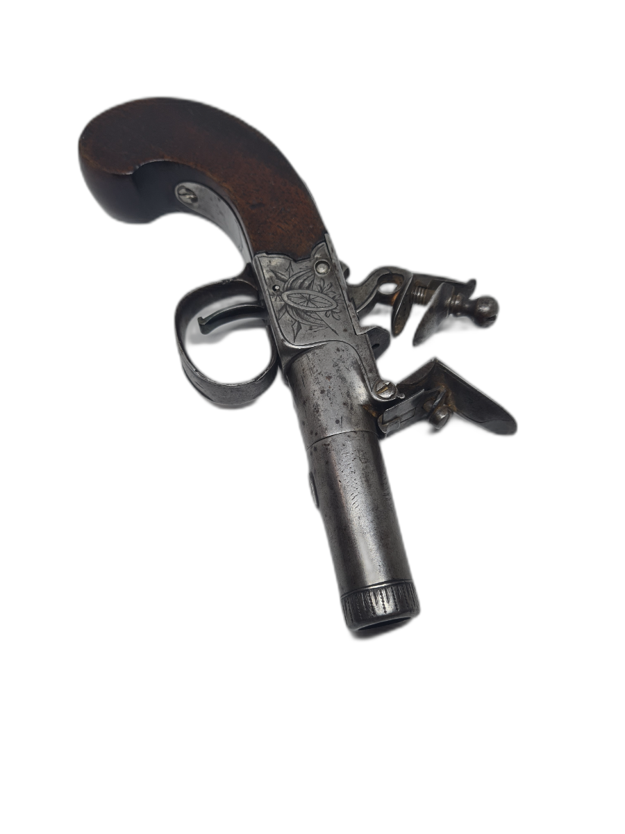 Discover our collection of antique firearms, featuring the English Flintlock Boxlock Pocket Pistol by Mabson and Labron, Birmingham Proofs, Circa 1808-1822. Buy now!
